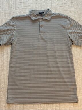 Peter Millar tan blue white stripe polo shirt